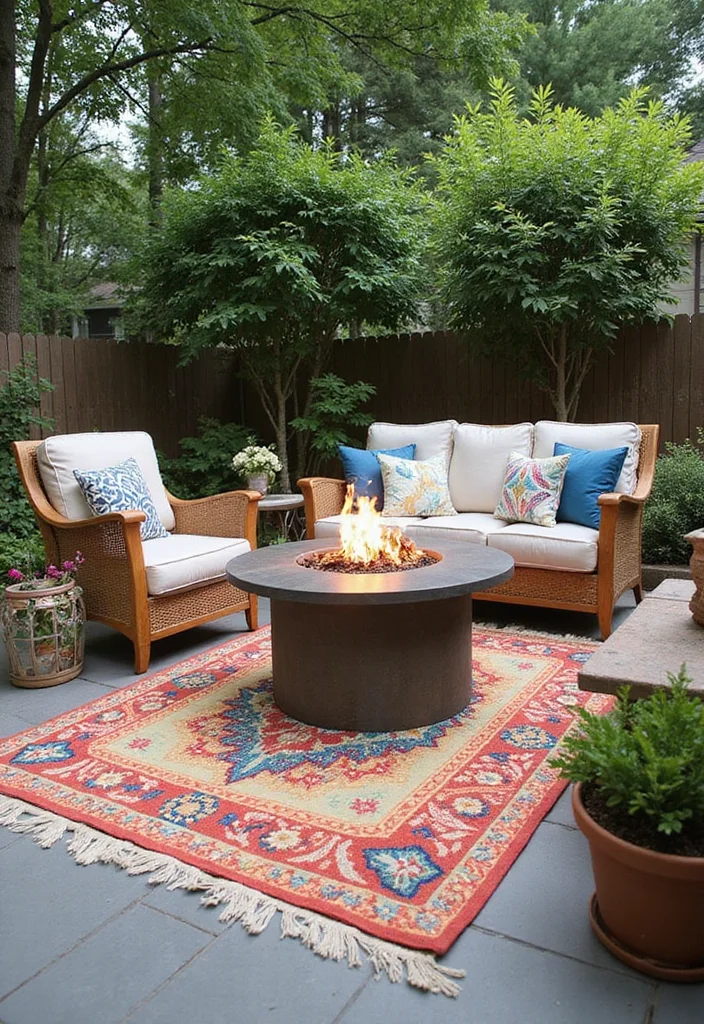 12 Firepit Lighting Backyard Ideas for Warm Inviting Evenings 89 12 Firepit Lighting Backyard Ideas for Warm Inviting Evenings - 9. Colorful Outdoor Rugs