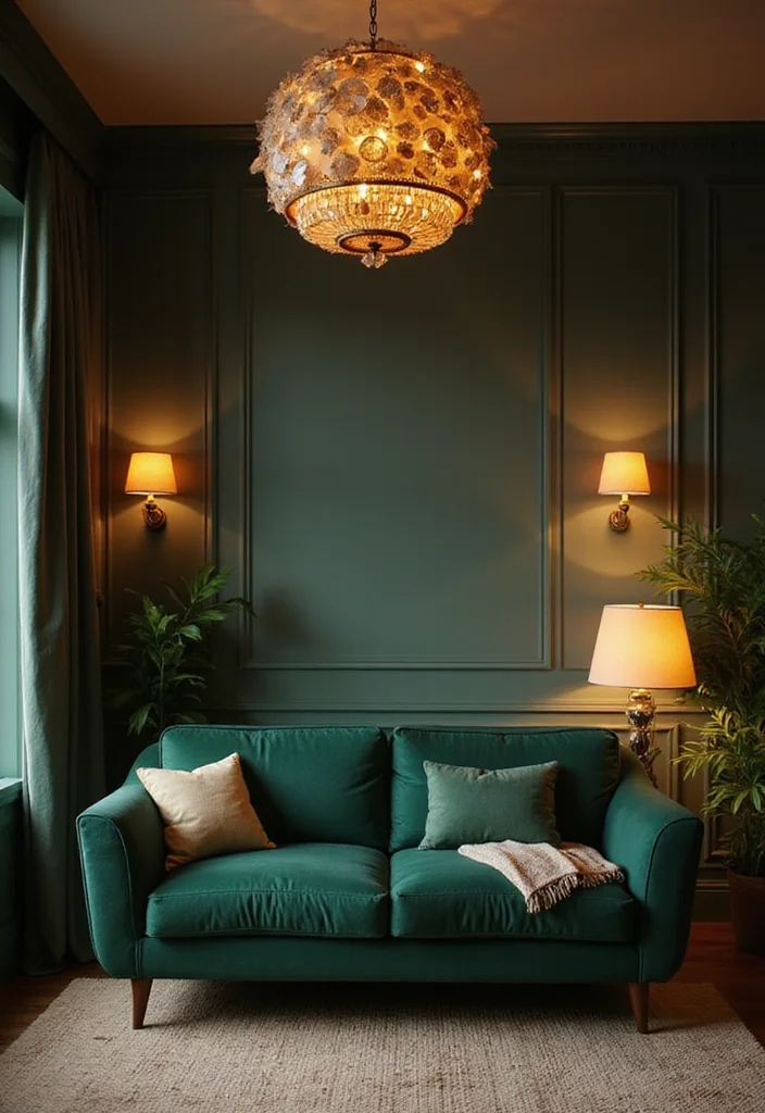 12 Forest Green Sofa Living Room Ideas for Deep Natural Style - 3. Statement Lighting