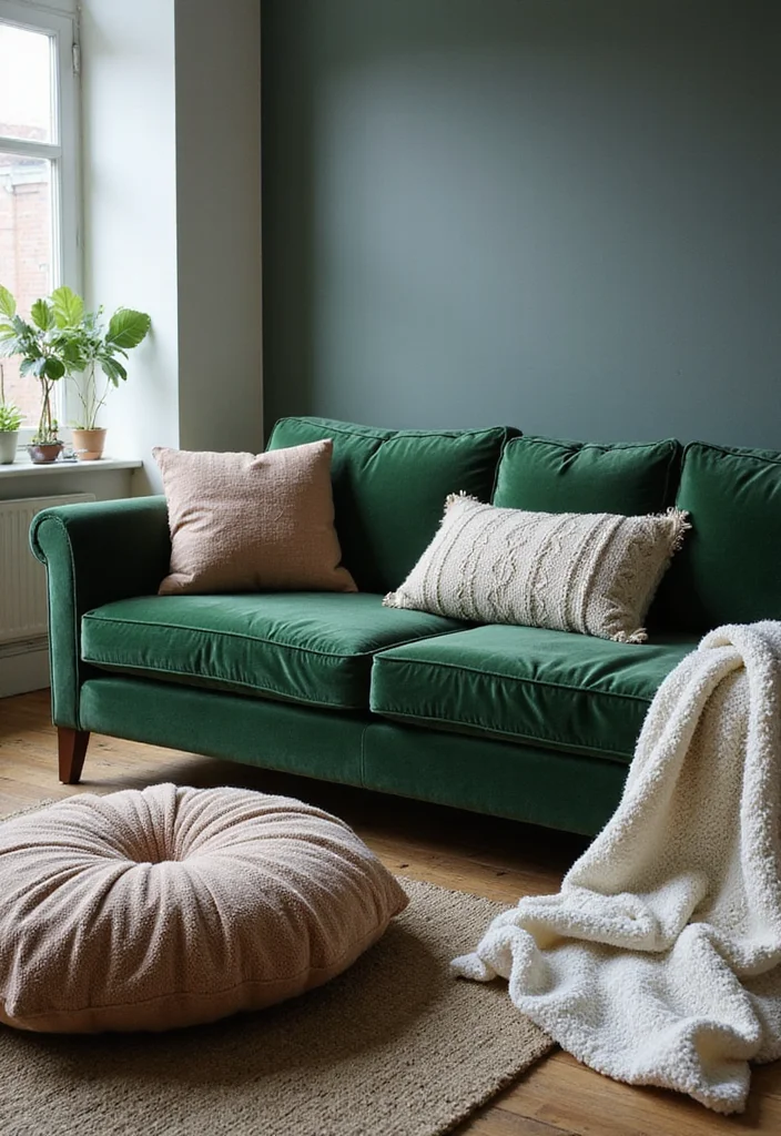 12 Forest Green Sofa Living Room Ideas for Deep Natural Style - 5. Cozy Layering