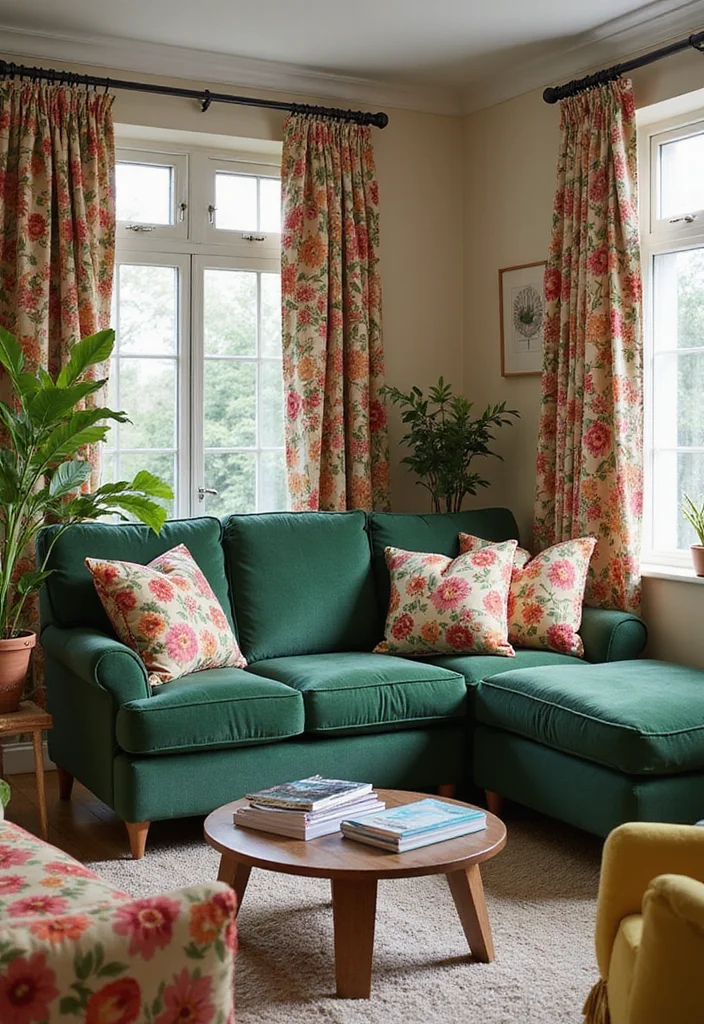 12 Forest Green Sofa Living Room Ideas for Deep Natural Style - 7. Mixing Patterns