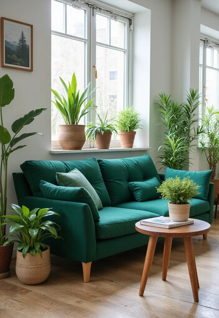 12 Forest Green Sofa Living Room Ideas for Deep Natural Style - 8. Utilizing Plants