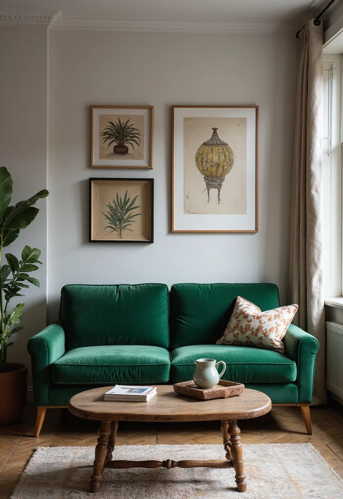 12 Forest Green Sofa Living Room Ideas for Deep Natural Style - 9. Vintage Touches