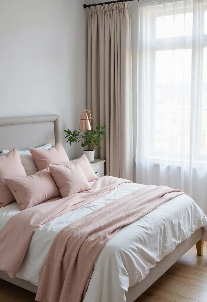 12 Grey Bed Frame Bedroom Ideas for Soft Calm Neutral Style - 1. Soft Grey and Blush Accents