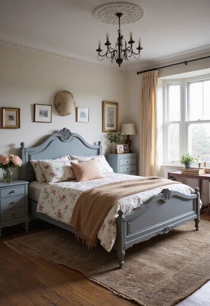 12 Grey Bed Frame Bedroom Ideas for Soft Calm Neutral Style - 8. Vintage Charm