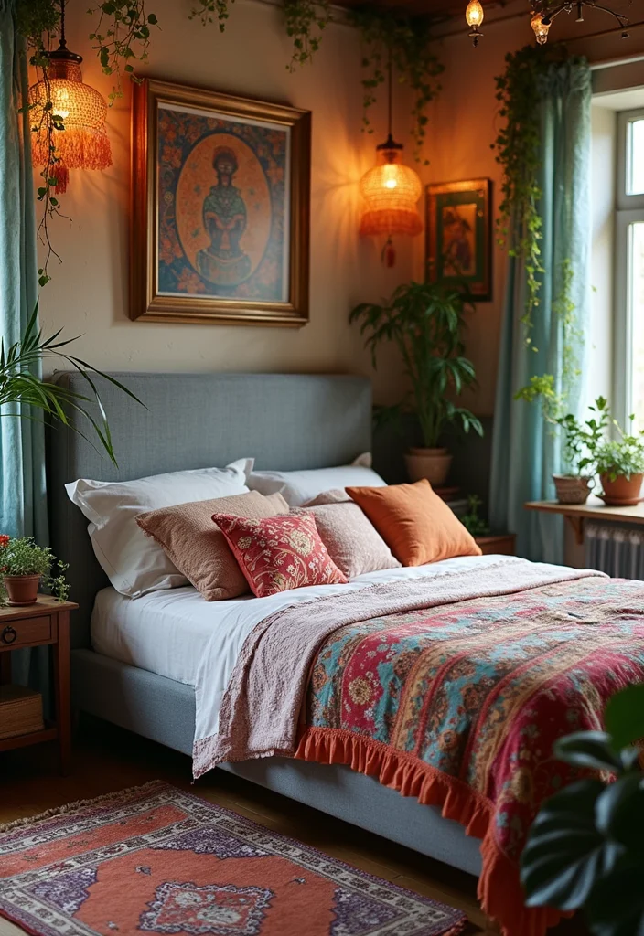 12 Grey Bed Frame Bedroom Ideas for Soft Calm Neutral Style - 9. Bohemian Bliss