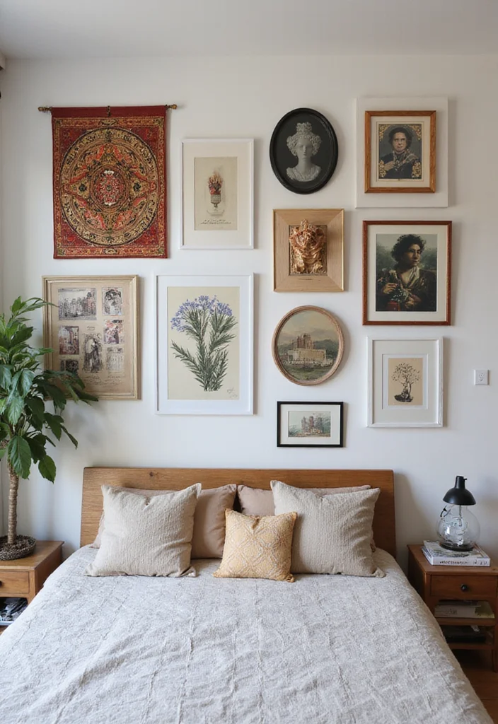 12 Grunge Bedroom Ideas for Dark Edgy Artistic Style 3. Eclectic Wall Art