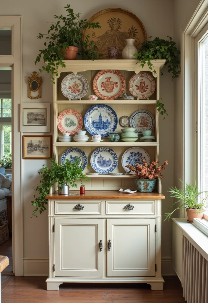 12 Kitchen Hutch Decorating Ideas for Charming Functional Displays 45 12 Kitchen Hutch Decorating Ideas for Charming Functional Displays - 5. Whimsical Plate Wall