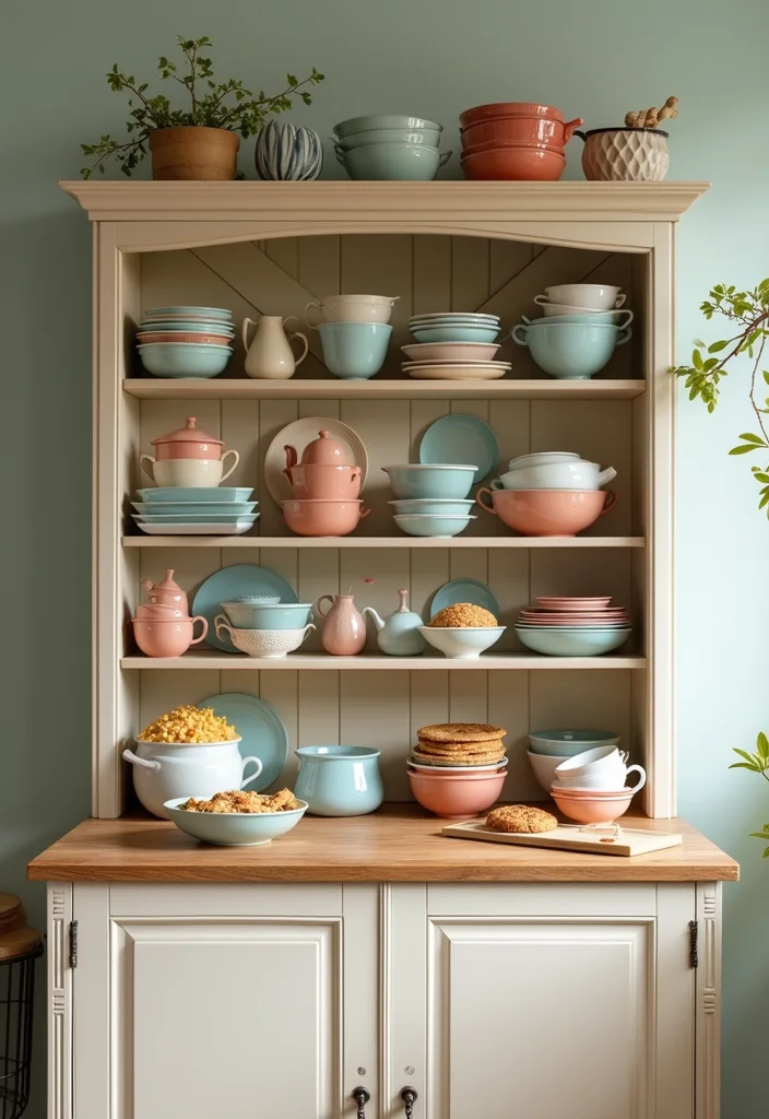 12 Kitchen Hutch Decorating Ideas for Charming Functional Displays 78 12 Kitchen Hutch Decorating Ideas for Charming Functional Displays - 8. Charming Bakeware Showcase