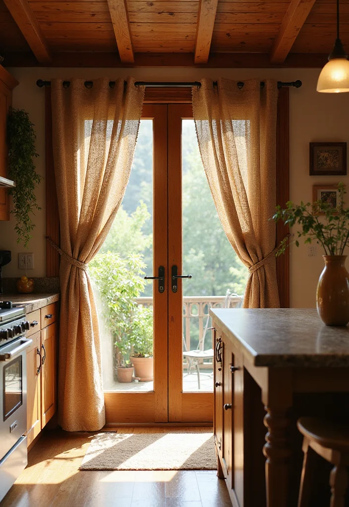 12 Kitchen Patio Door Curtain Ideas for Soft Light and Easy Privacy 4. Rustic Jute Curtains for Organic Charm