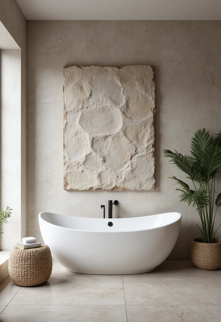 12 Natural Stone Bathroom Ideas for Textured Elegant Spa Appeal 10. Textured Wall Art