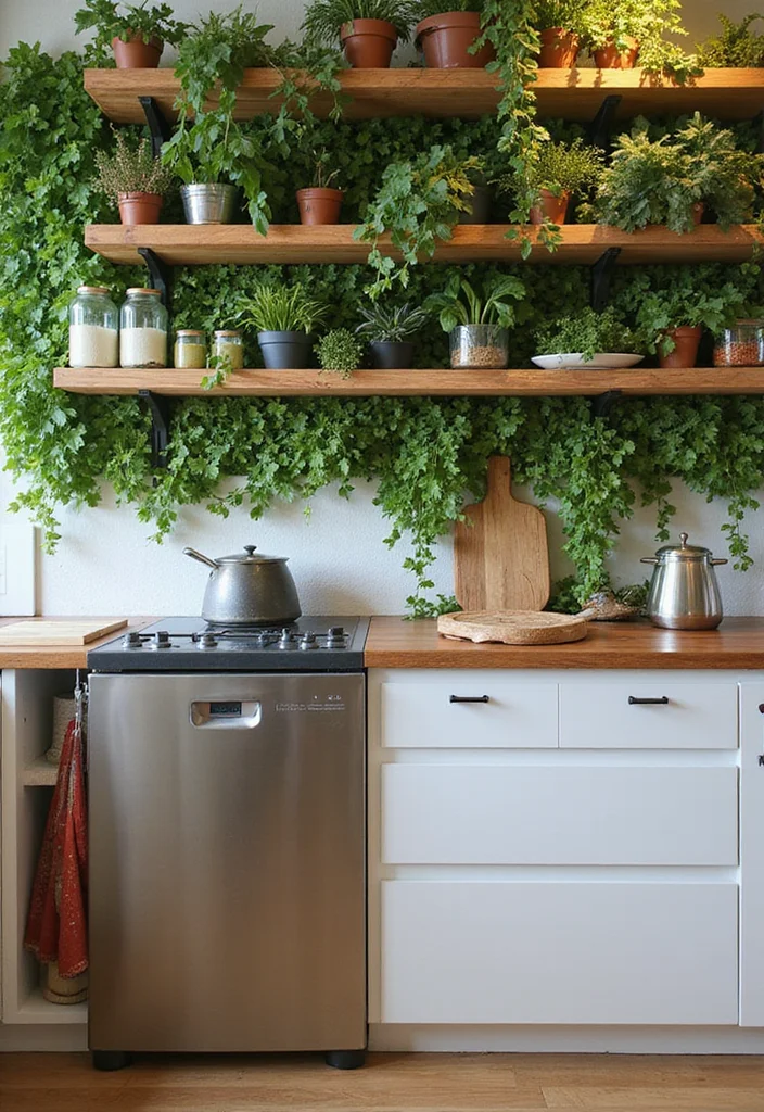 12 Open Kitchen Partition Ideas for Defined Modern Layouts 100 12 Open Kitchen Partition Ideas for Defined Modern Layouts 10. Plant Wall and Open Shelving Combo