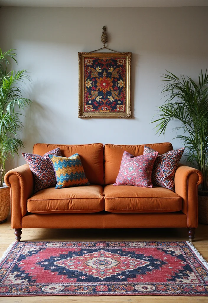 12 Rust Sofa Living Room Ideas for Warm Earthy Modern Character - 1. Chic Bohemian Vibes
