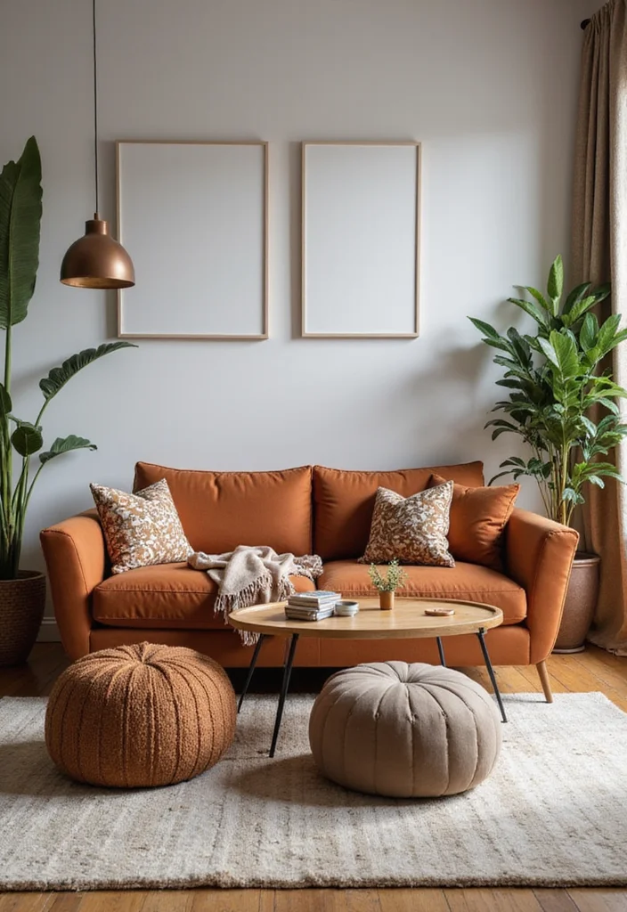 12 Rust Sofa Living Room Ideas for Warm Earthy Modern Character - 10. Functional Accessories