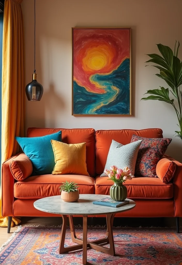 12 Rust Sofa Living Room Ideas for Warm Earthy Modern Character - 11. Pops of Color