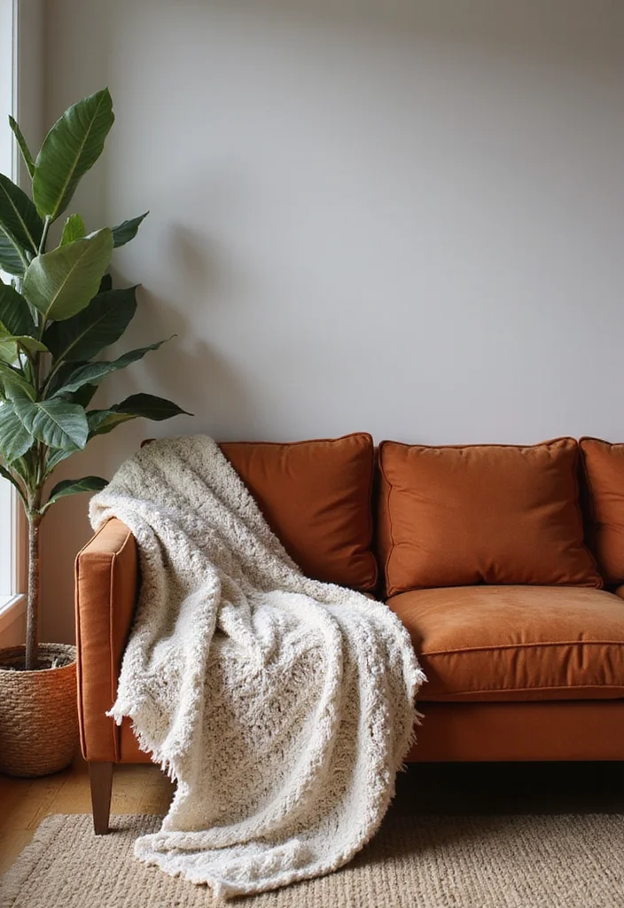 12 Rust Sofa Living Room Ideas for Warm Earthy Modern Character - 12. Cozy Throw Blankets