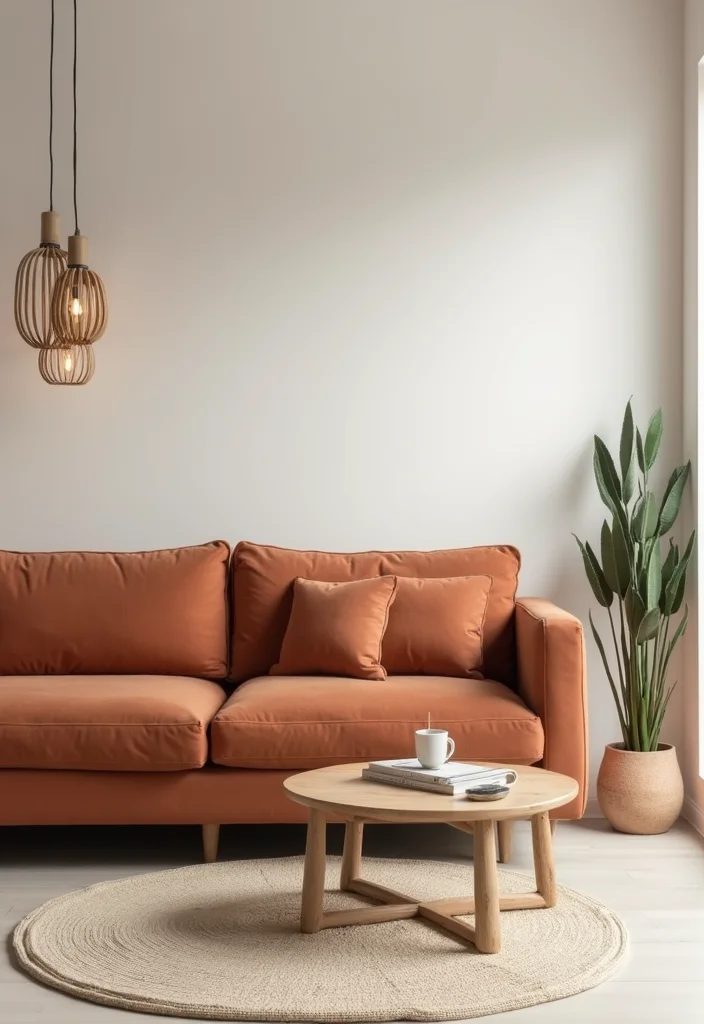12 Rust Sofa Living Room Ideas for Warm Earthy Modern Character - 2. Minimalist Modern Design