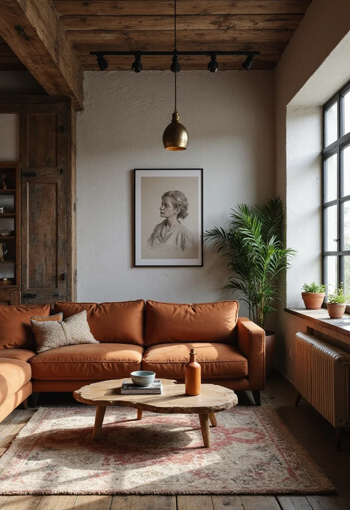 12 Rust Sofa Living Room Ideas for Warm Earthy Modern Character - 3. Rustic Charm Meets Modernity