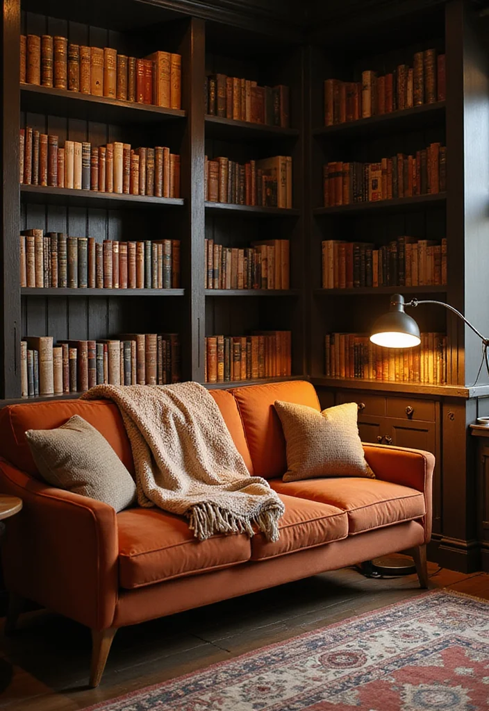 12 Rust Sofa Living Room Ideas for Warm Earthy Modern Character - 5. Cozy Reading Nook