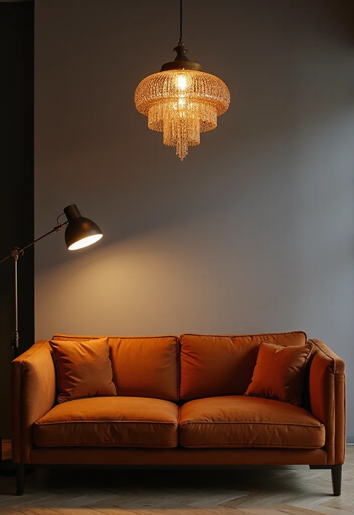 12 Rust Sofa Living Room Ideas for Warm Earthy Modern Character - 8. Statement Lighting