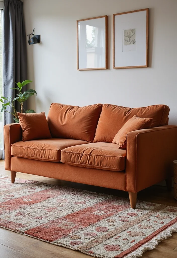 12 Rust Sofa Living Room Ideas for Warm Earthy Modern Character - 9. Layered Rugs