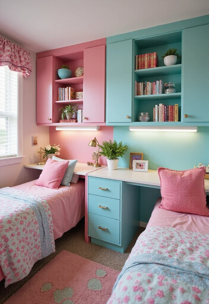 12 Sisters Bedroom Ideas for Fun Shared Practical Layouts 2. Color Coded Zones