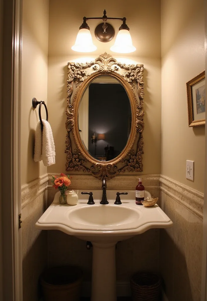 12 Small Bathroom Mirror Ideas for Spacious Bright Reflections - 1. Antique Ornate Mirror