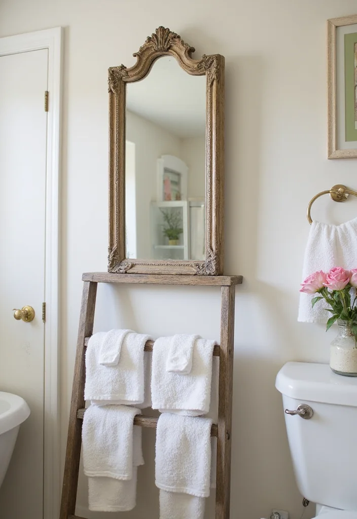 12 Small Bathroom Mirror Ideas for Spacious Bright Reflections - 10. Vintage Wall-Mounted Mirror with Ladder
