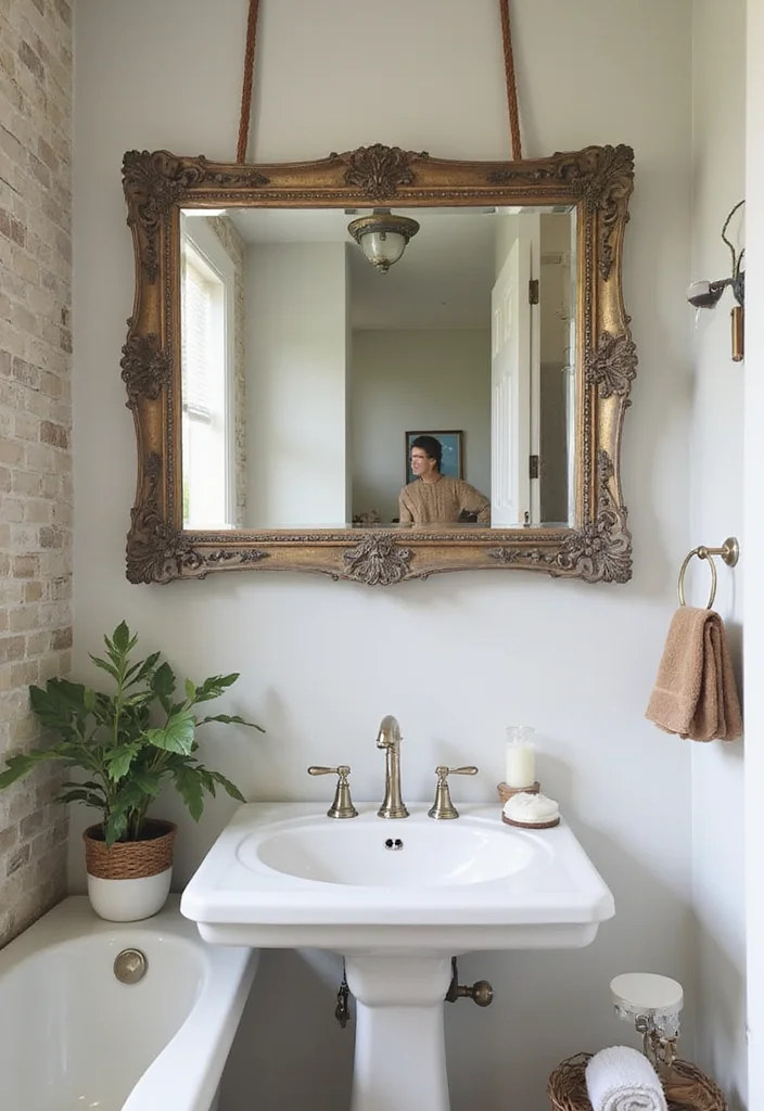 12 Small Bathroom Mirror Ideas for Spacious Bright Reflections - 11. Vintage Hanging Mirror