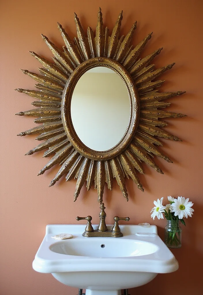 12 Small Bathroom Mirror Ideas for Spacious Bright Reflections - 4. Vintage Sunburst Mirror