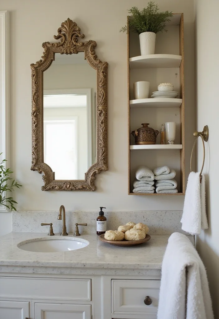 12 Small Bathroom Mirror Ideas for Spacious Bright Reflections - 5. Vintage Framed Mirror with Shelves