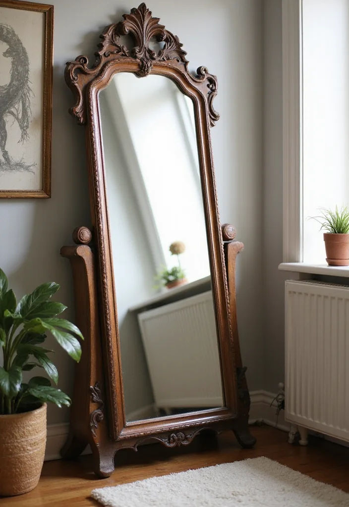 12 Small Bathroom Mirror Ideas for Spacious Bright Reflections - 6. Vintage Floor Mirror