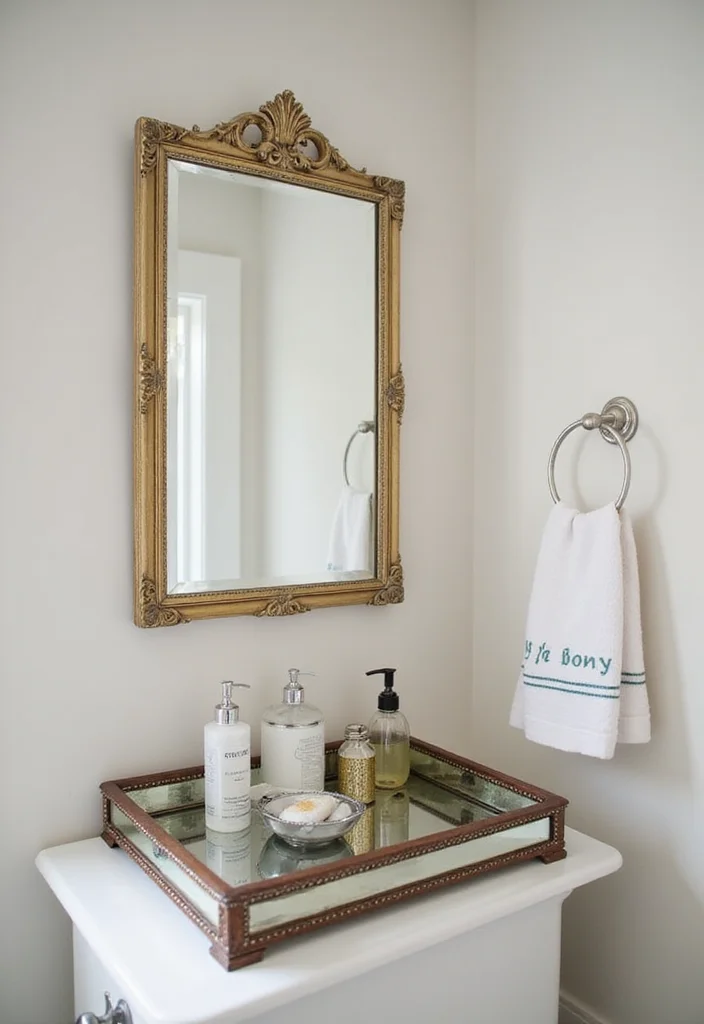 12 Small Bathroom Mirror Ideas for Spacious Bright Reflections - 8. Vintage Mirrored Tray underneath