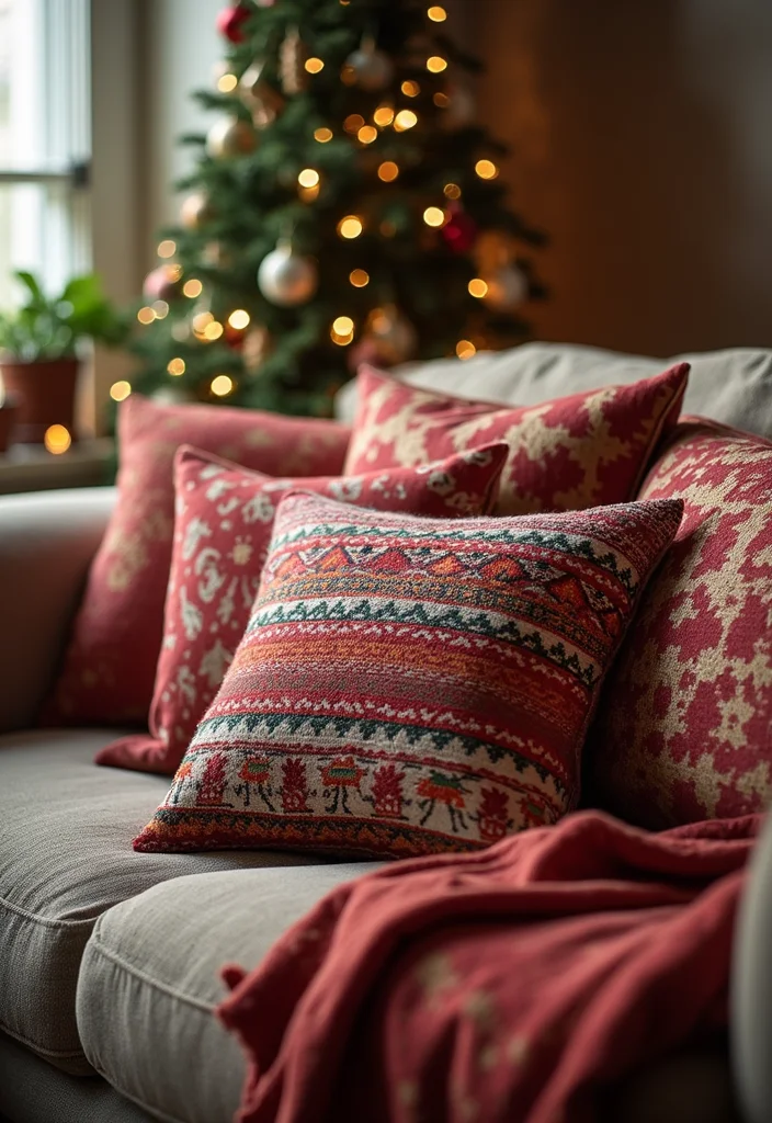 12 Small Living Room Christmas Decor Ideas for Cozy Festive Style 2. Festive Throw Pillows