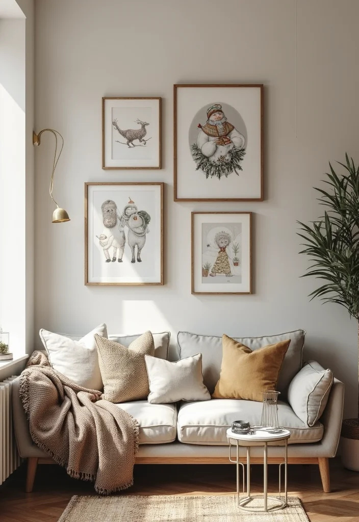 12 Small Living Room Christmas Decor Ideas for Cozy Festive Style 4. Holiday Themed Wall Art