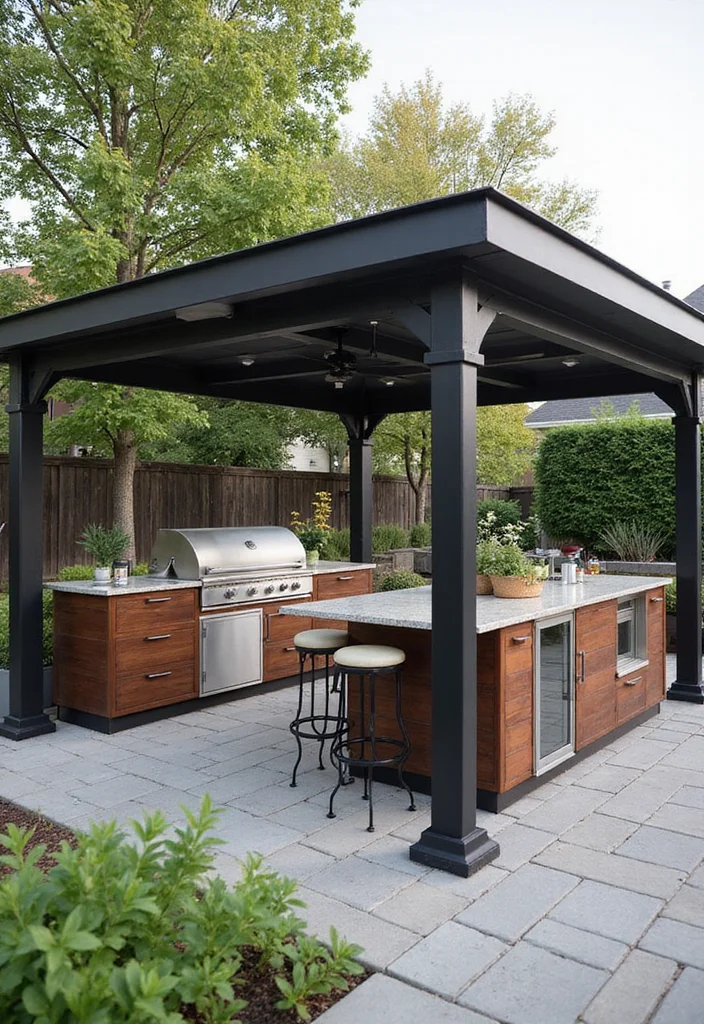 12 Steel Gazebo Ideas for a Durable and Modern Outdoor Shade 10. Steel Gazebo with Integrated Outdoor Kitchen
