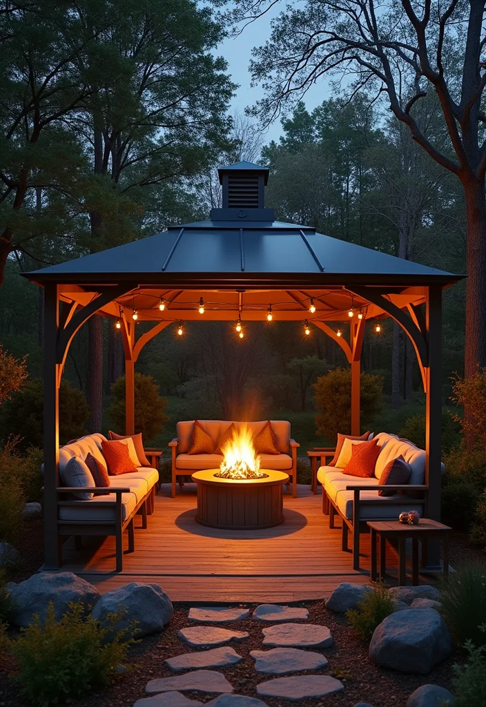 12 Steel Gazebo Ideas for a Durable and Modern Outdoor Shade 11. Steel Gazebo with Fire Pit