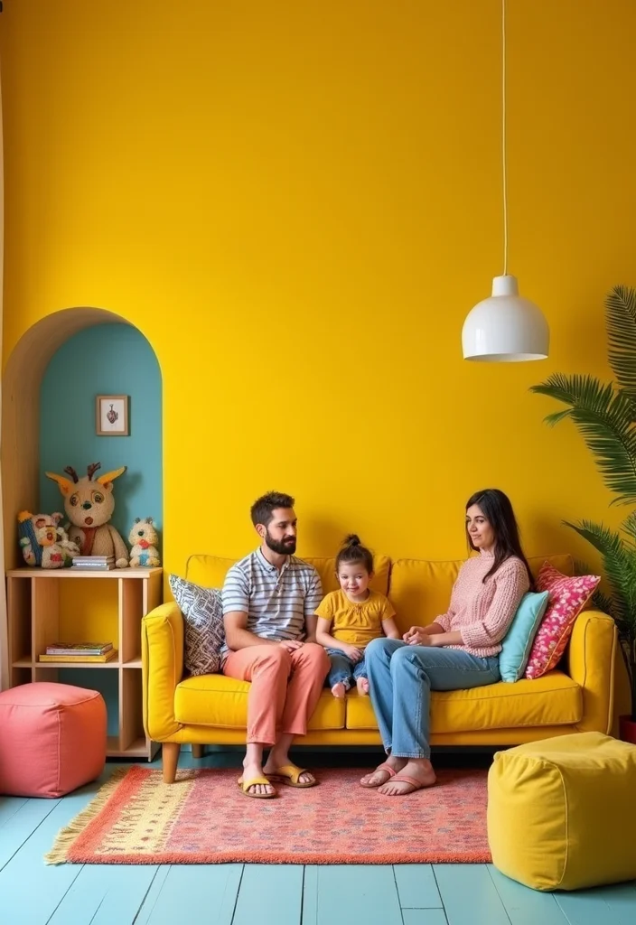 12 Yellow Wall Living Room Ideas for Bright Cheerful Warmth 122 12 Yellow Wall Living Room Ideas for Bright Cheerful Warmth 12. Playful Family Space