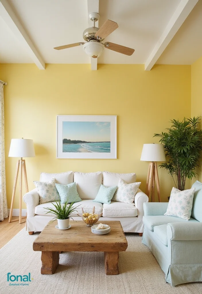 12 Yellow Wall Living Room Ideas for Bright Cheerful Warmth 23 12 Yellow Wall Living Room Ideas for Bright Cheerful Warmth 3. Coastal Sunshine
