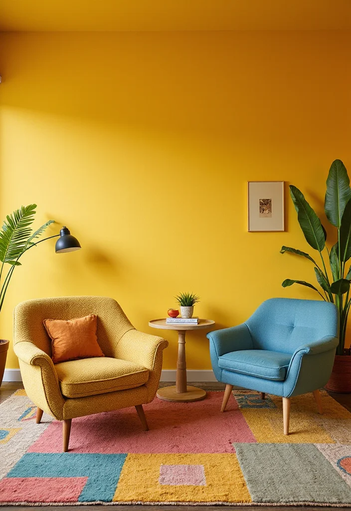 12 Yellow Wall Living Room Ideas for Bright Cheerful Warmth 45 12 Yellow Wall Living Room Ideas for Bright Cheerful Warmth 5. Retro Revival