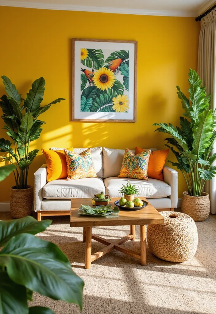 12 Yellow Wall Living Room Ideas for Bright Cheerful Warmth 56 12 Yellow Wall Living Room Ideas for Bright Cheerful Warmth 6. Tropical Paradise