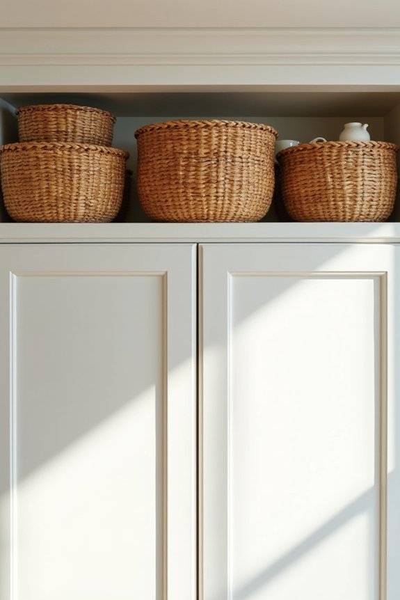 layered whitewashed baskets organized