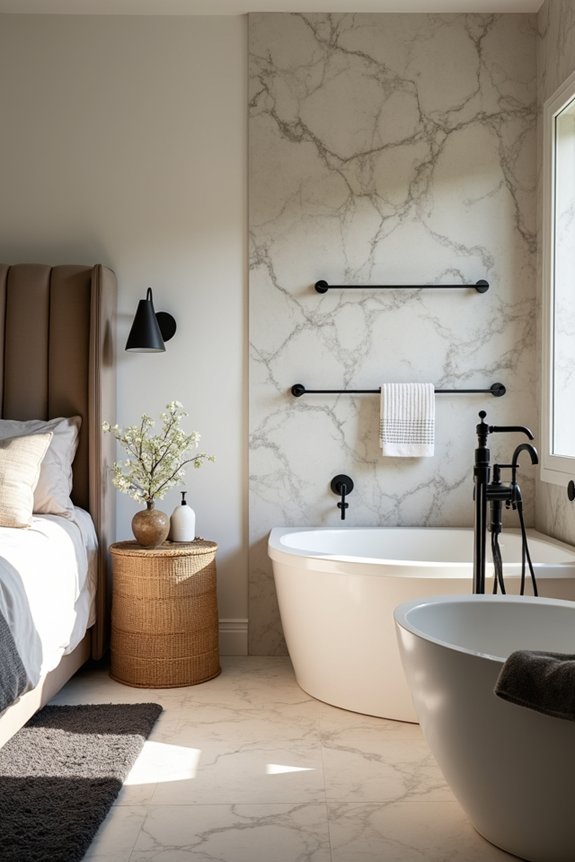 Should Your Bedroom and Bathroom Decor Match? 5 shared neutrals color via textiles