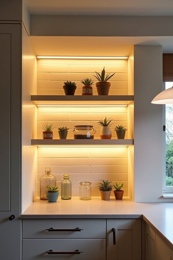 strategic lighting brightens above cabinets